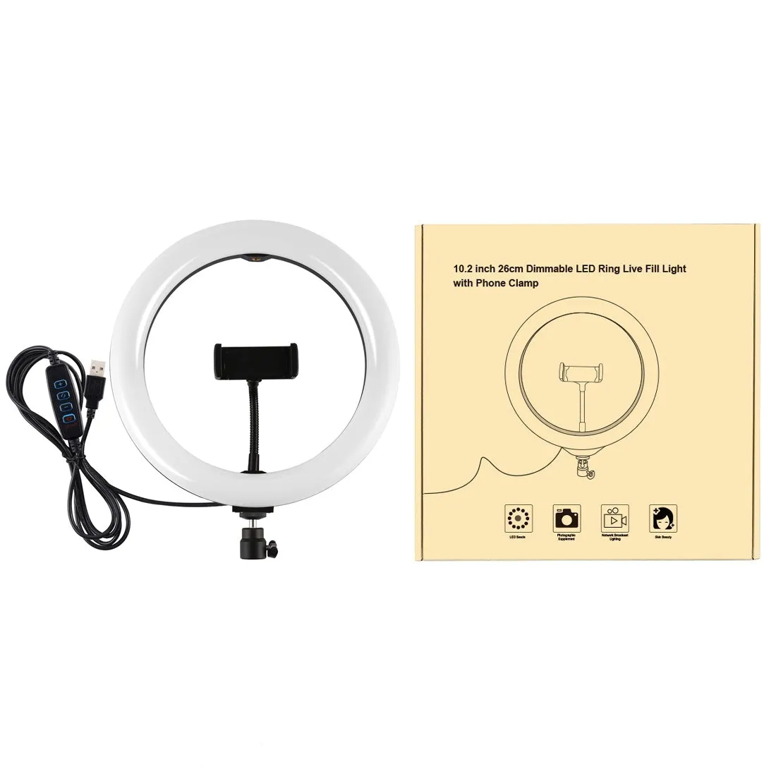 AMZER Live Broadcast Kits 10.2 inch 26cm USB 3 Modes Dimmable LED Ring with Tripod Ball Head & Phone Clamp - pack of 2