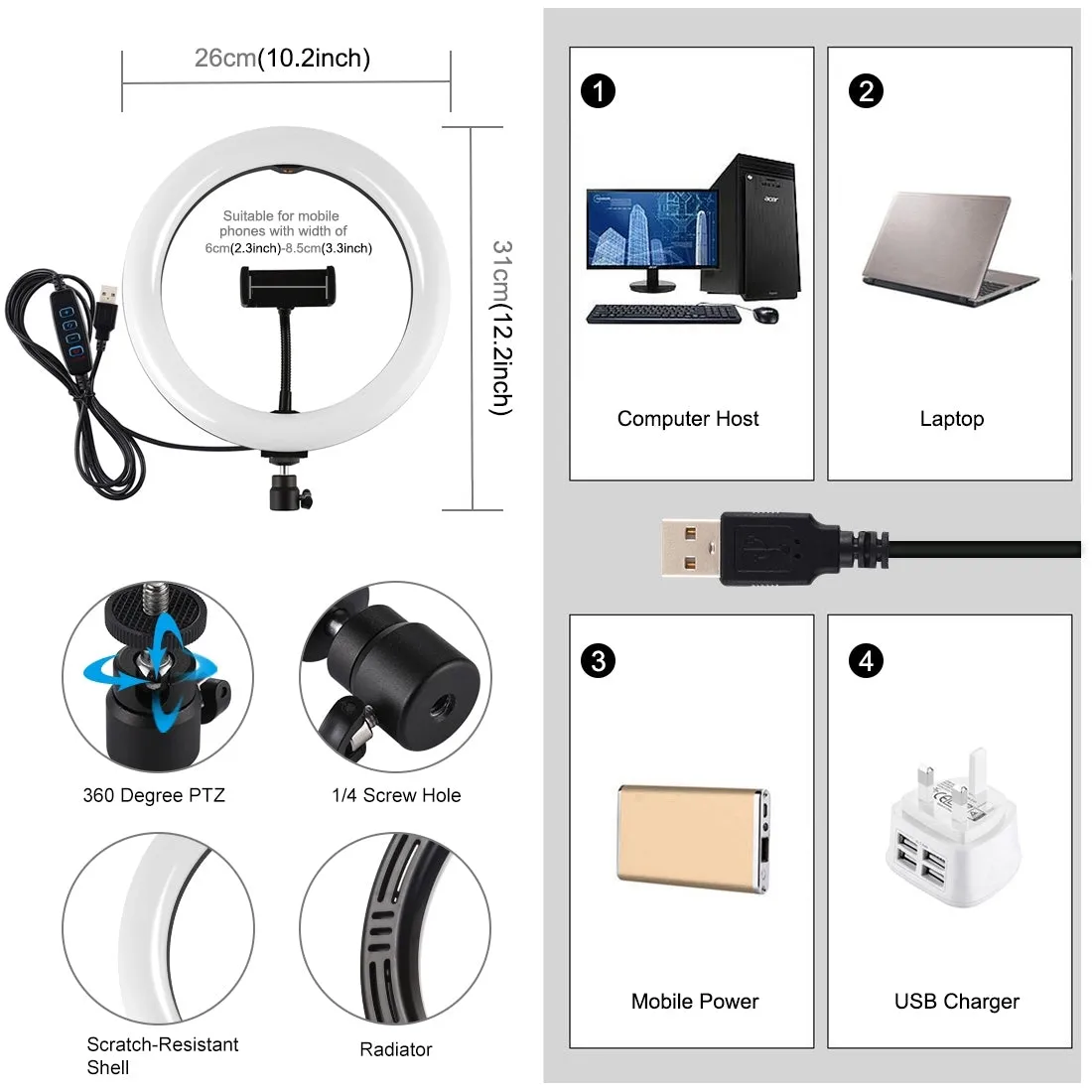 AMZER Live Broadcast Kits 10.2 inch 26cm USB 3 Modes Dimmable LED Ring with Tripod Ball Head & Phone Clamp - pack of 2