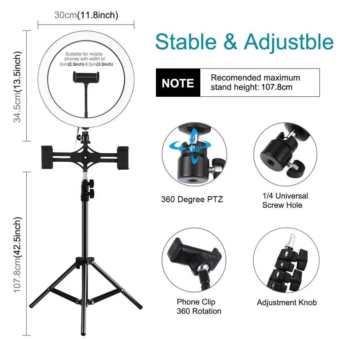 AMZER Live Broadcast Kits 1.1M Tripod Mount With 11.8 inch 30cm LED Ring & Live Broadcast Dual Phone Bracket - pack of 2