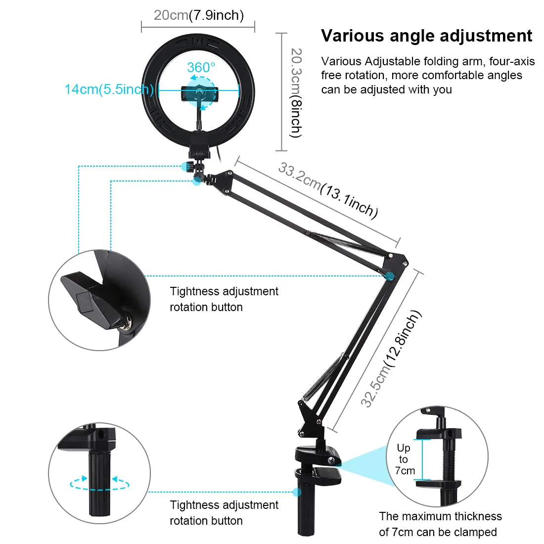 AMZER Live Broadcast Kits Desktop Arm Stand USB 3 Modes Dimmable Dual Color Temperature LED   7.9 inch 20cm Ring Curved Light with Phone Clamp - pack of 2