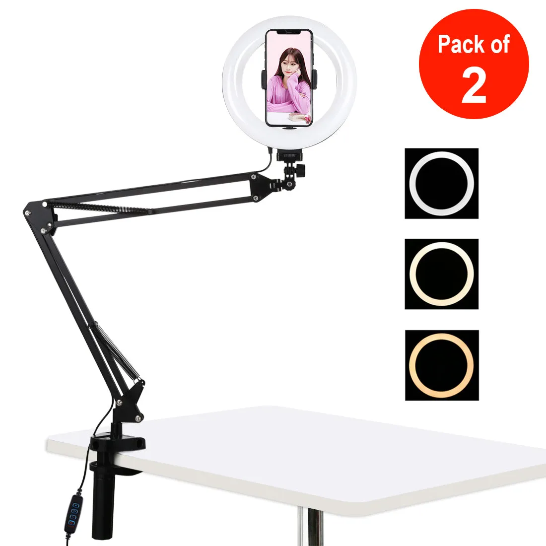 AMZER Live Broadcast Kits Desktop Arm Stand USB 3 Modes Dimmable Dual Color Temperature LED   7.9 inch 20cm Ring Curved Light with Phone Clamp - pack of 2