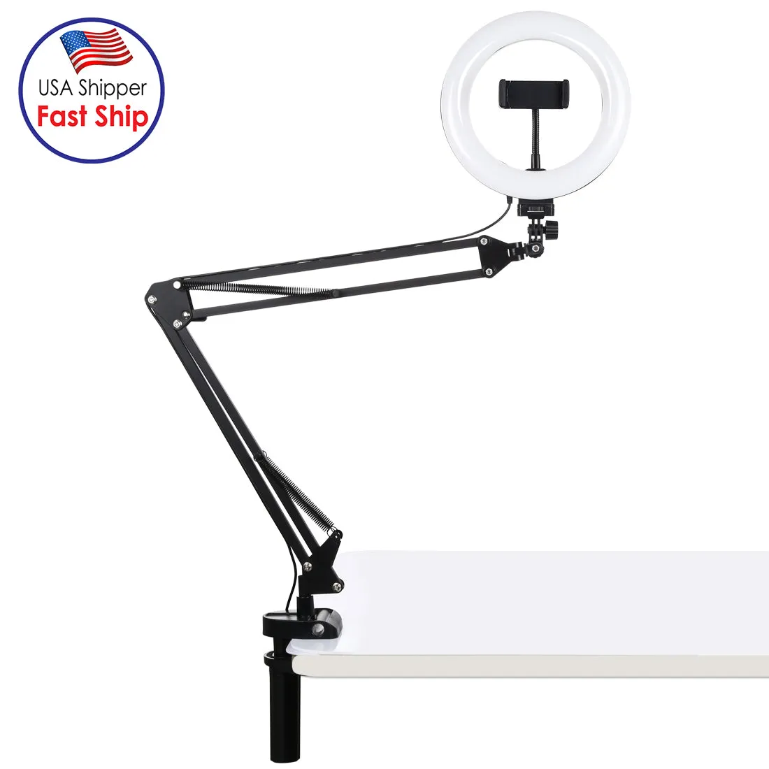 AMZER Live Broadcast Kits Desktop Arm Stand USB 3 Modes Dimmable Dual Color Temperature LED   7.9 inch 20cm Ring Curved Light with Phone Clamp - pack of 2