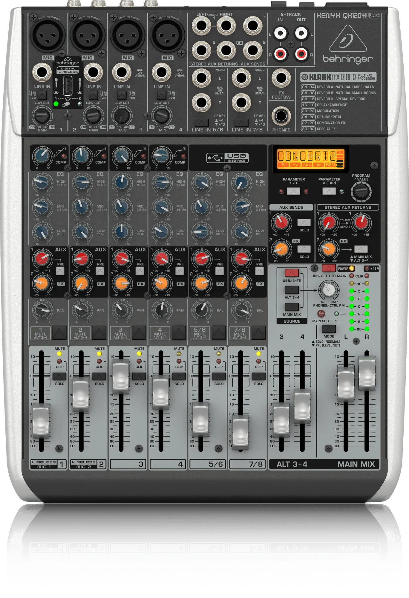 Behringer Xenyx QX1204USB Premium 12-Input 2/2-Bus Mixer with XENYX Mic Preamps and Compressors, Klark Teknik Multi-FX Processor, Wireless Option and USB/Audio Interface