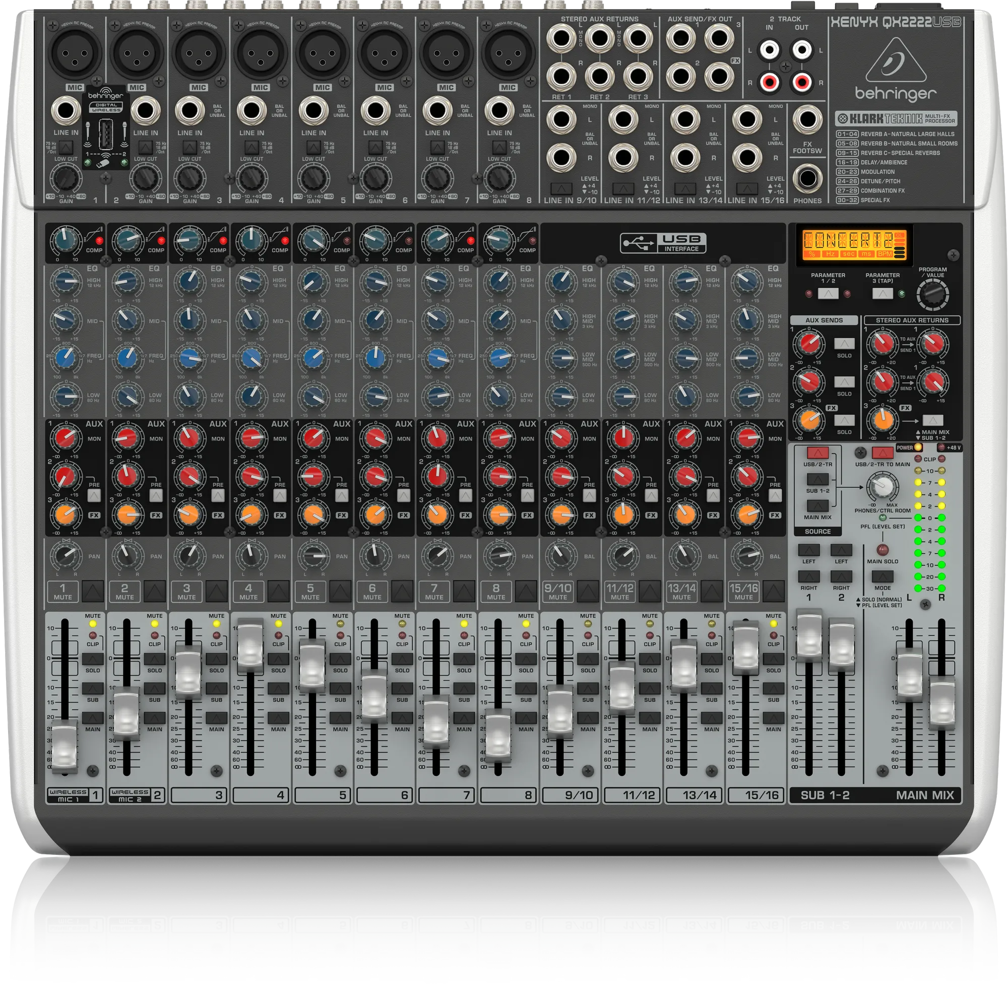 Behringer XENYX QX2222USB Premium 22-Input 2/2-Bus Mixer with XENYX Mic Preamps and Compressors, Klark Teknik Multi-FX Processor, Wireless Option and USB/Audio Interface