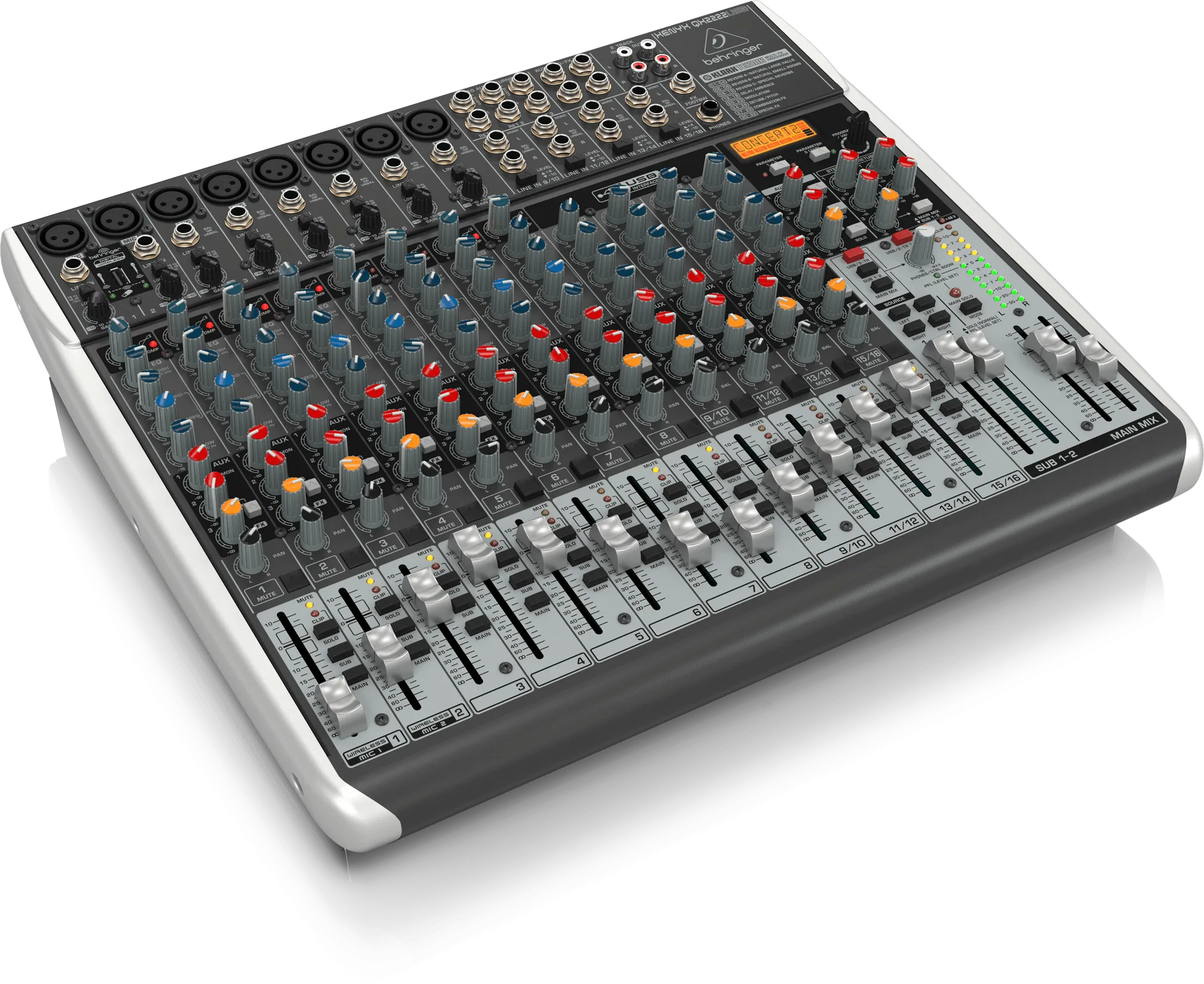 Behringer XENYX QX2222USB Premium 22-Input 2/2-Bus Mixer with XENYX Mic Preamps and Compressors, Klark Teknik Multi-FX Processor, Wireless Option and USB/Audio Interface