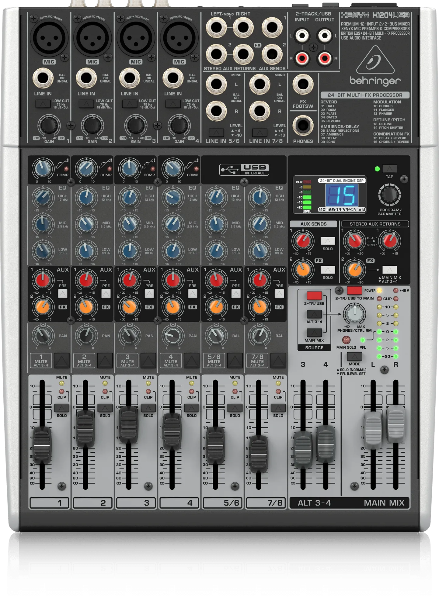 Behringer Xenyx X1204USB Premium 12-Input 2/2-Bus Mixer with XENYX Mic Preamps and Compressors, British EQ, 24-Bit Multi-FX Processor and USB/Audio Interface