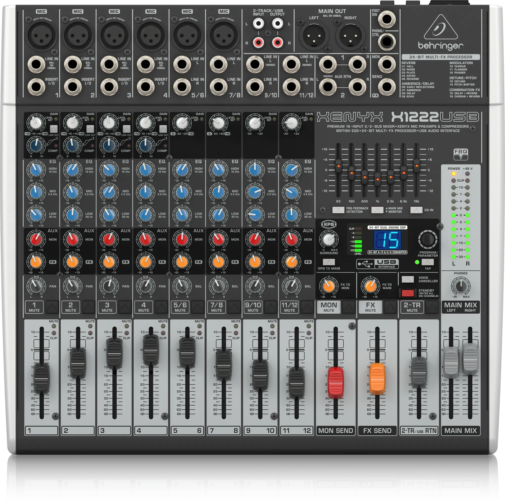 Behringer Xenyx X1222USB Premium 16-Input 2/2-Bus Mixer with XENYX Mic Preamps and Compressors, British EQ, 24-Bit Multi-FX Processor and USB/Audio Interface