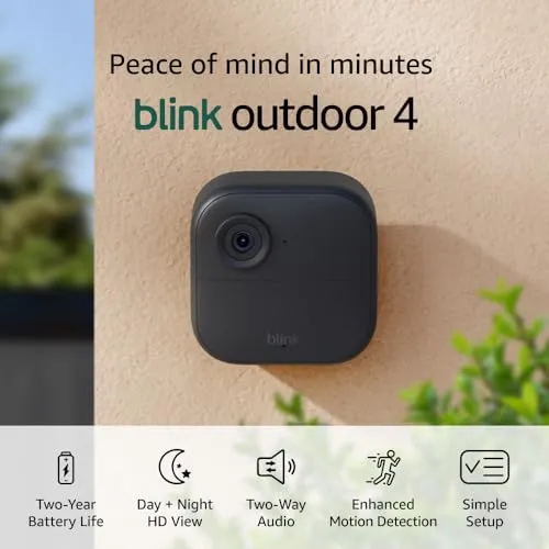 Blink Outdoor 4 (newest model), Wire-free smart security camera, two-year battery life, two-way audio, HD live view, enhanced motion detection, Works with Alexa – 3 camera system