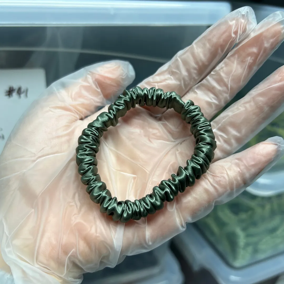 Deep Bean Green silk scrunchies mini