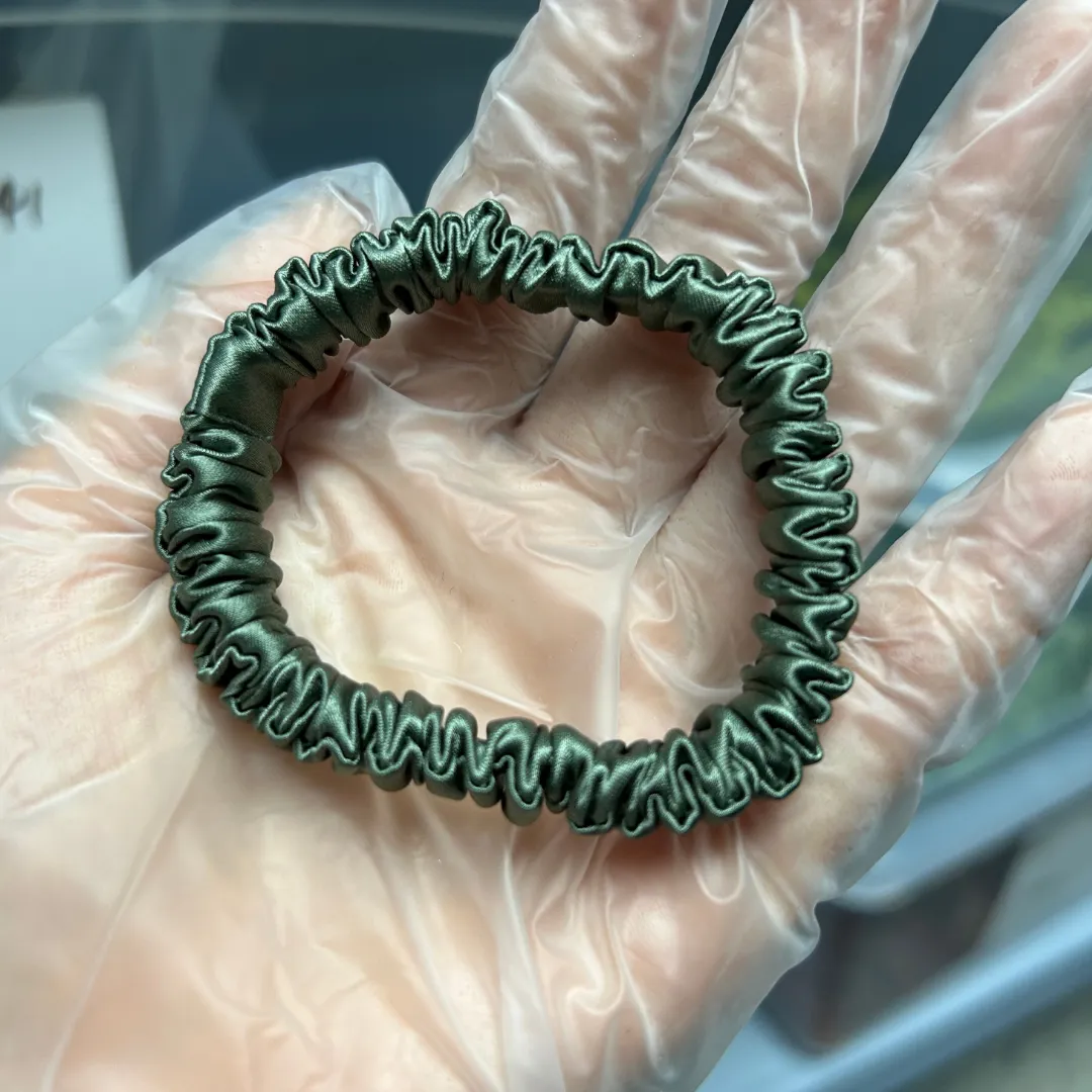 Deep Bean Green silk scrunchies mini