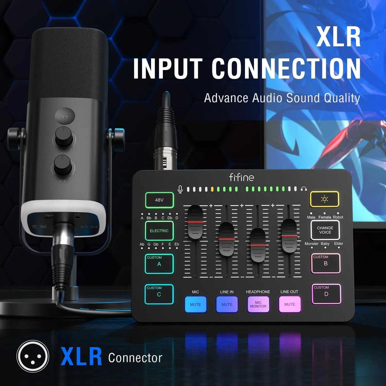 Gaming Audio Mixer, Streaming RGB PC Mixer with XLR Microphone Interface, Individual Control, Volume Fader, Mute Button, 48V Phantom Power