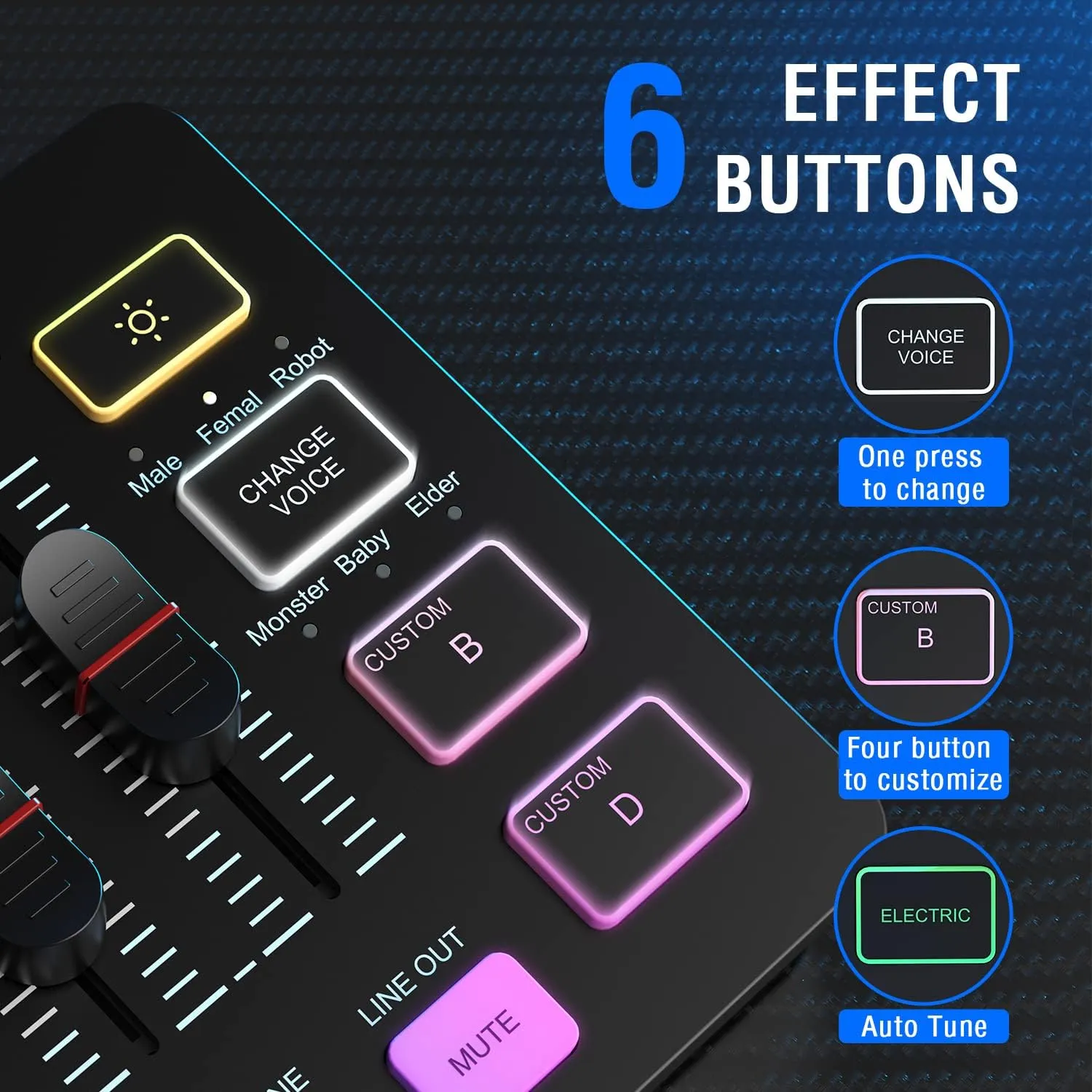 Gaming Audio Mixer, Streaming RGB PC Mixer with XLR Microphone Interface, Individual Control, Volume Fader, Mute Button, 48V Phantom Power