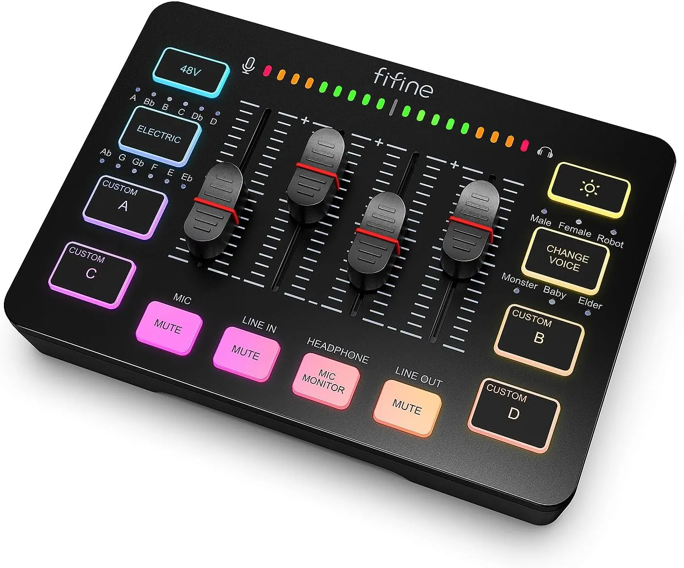 Gaming Audio Mixer, Streaming RGB PC Mixer with XLR Microphone Interface, Individual Control, Volume Fader, Mute Button, 48V Phantom Power