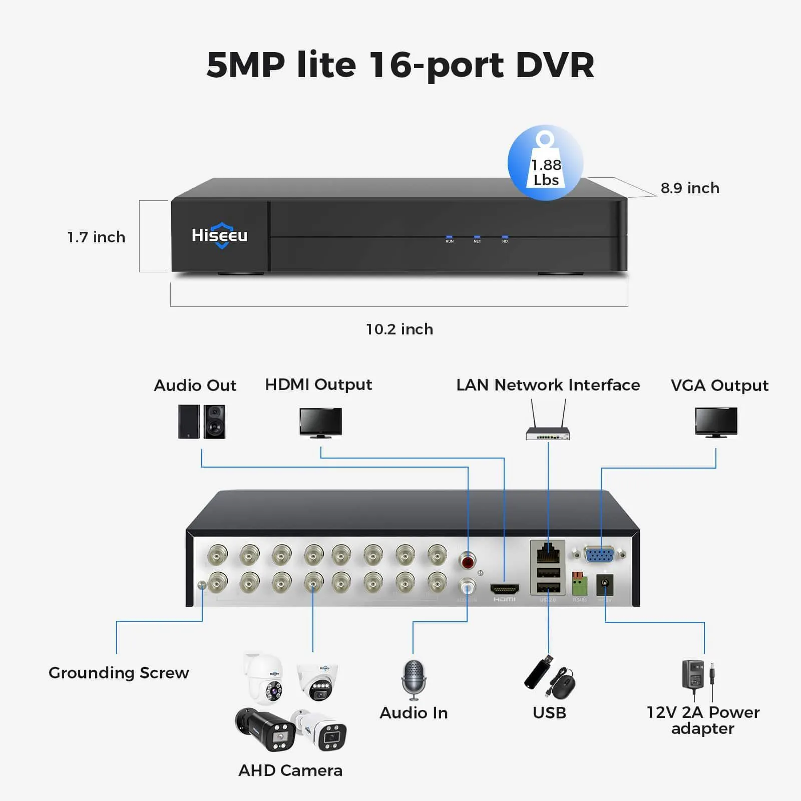 Hiseeu 5MP Lite DVR 16 Channel Security 3K Lite H.265  Digital Video Recorder Advanced CCTV DVR for Security Camera,AHD/TVI/CVI/CVBS/IPC 5 in 1 Hybrid,Remote Access,No Monthly Fee, (No Hard Drive)