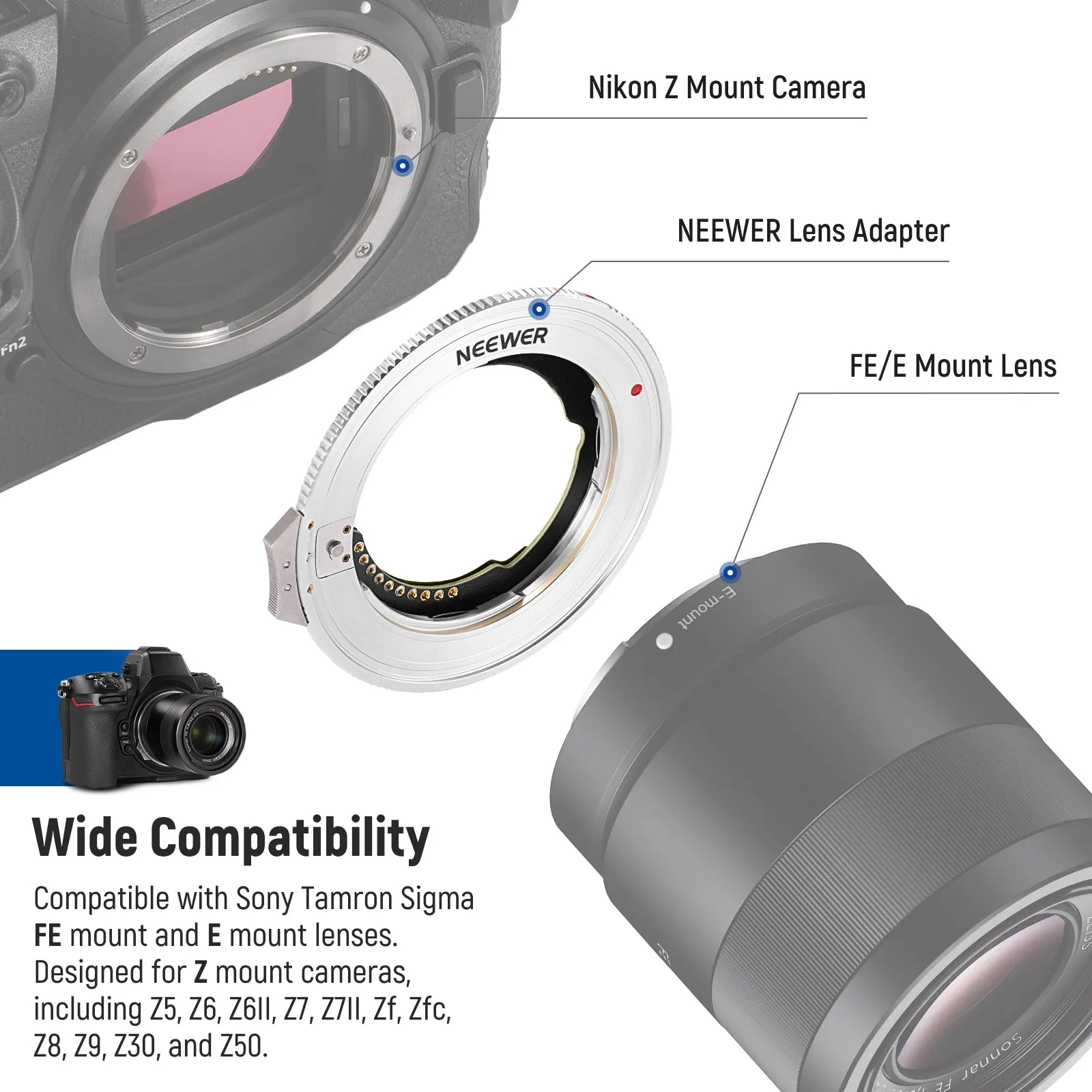 NEEWER NW-ETZ PRO FE/E Mount Lens to Z Mount Camera Adapter