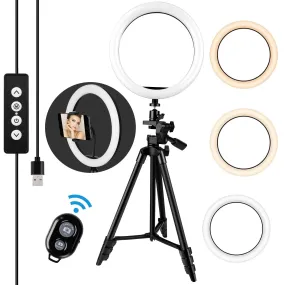 Ringlicht 10 Zoll mit Stativ - 3 Farben Dimmbar 3000K-5600K Einstellbare Helligkeit 360°Drehung Gimbals, LED Ring Light USB mit Fernbedienung und Handyhalterung, für Makeup/Videoanruf/Selfie