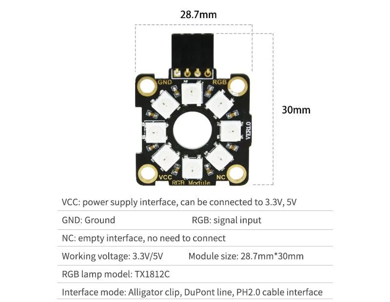 Yahboom Colorful RGB light halo module compatible with alligator clip/DuPont line/PH2.0 cable